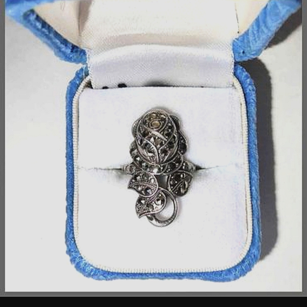Sterling silver marascite rose Art Deco Vintage ring